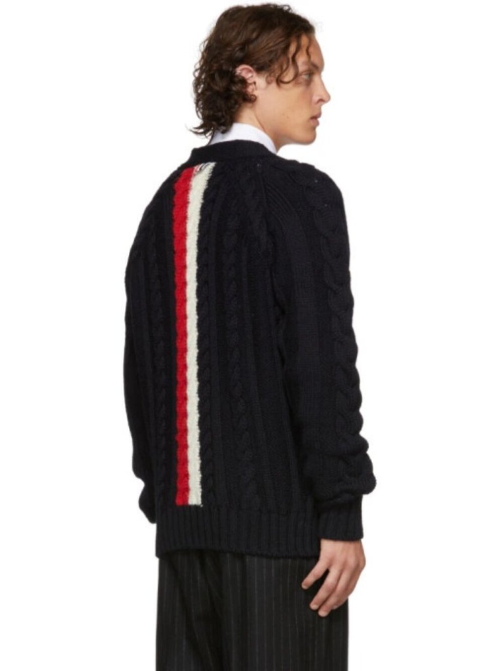 THOM BROWNE Navy Aran Merino Wool Cable Knit Crew Neck Pullover Sweater, Size 5